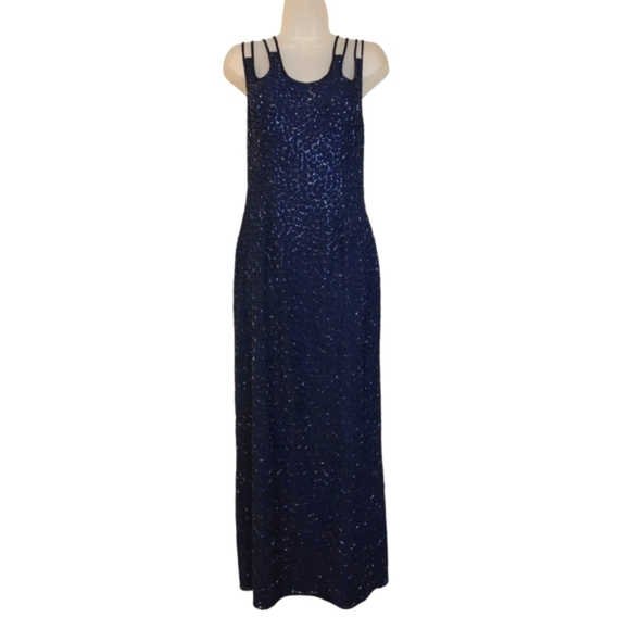 *rare* Scala Vintage Silk Sequin Formal Maxi Gown Dress Blue Spaghetti Sz Large - Picture 2 of 12